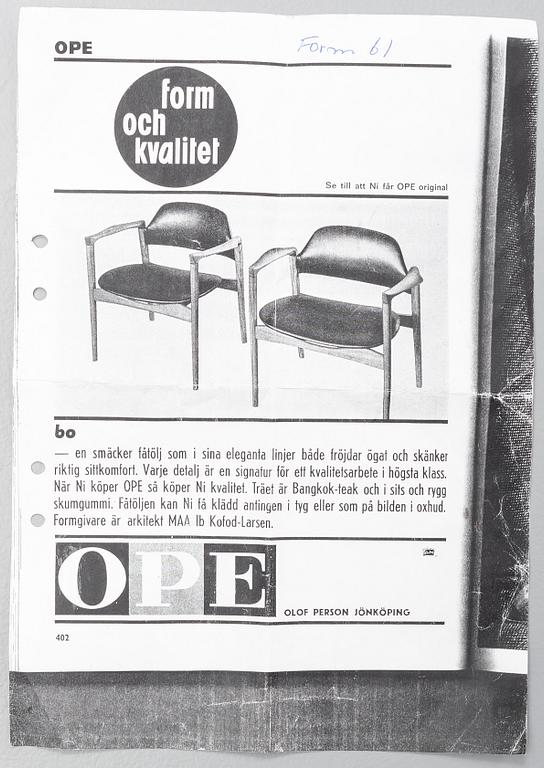 Ib Kofod-Larsen, fåtölj, "Bo", Olof Persson möbler Jönköping, 1950/60-tal.