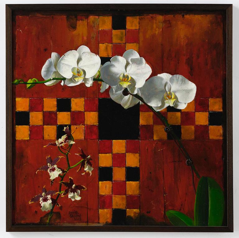 Daniel Greene, "Black, Red, Lupo Antique Gameboard with Orchids".