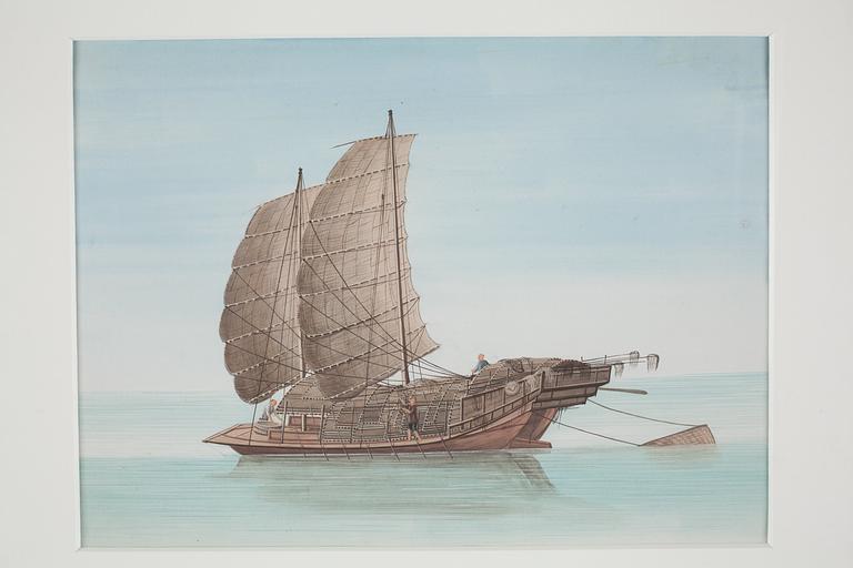 A set of four watercolours by anonymous Chinese artist, representing "Chinese Djonks and Sampans, Ships and Boats forwarded to Stockholm from Canton in the year 1784, by the Swedish Ship Gustavus the Third", Qianlong, circa 1783.