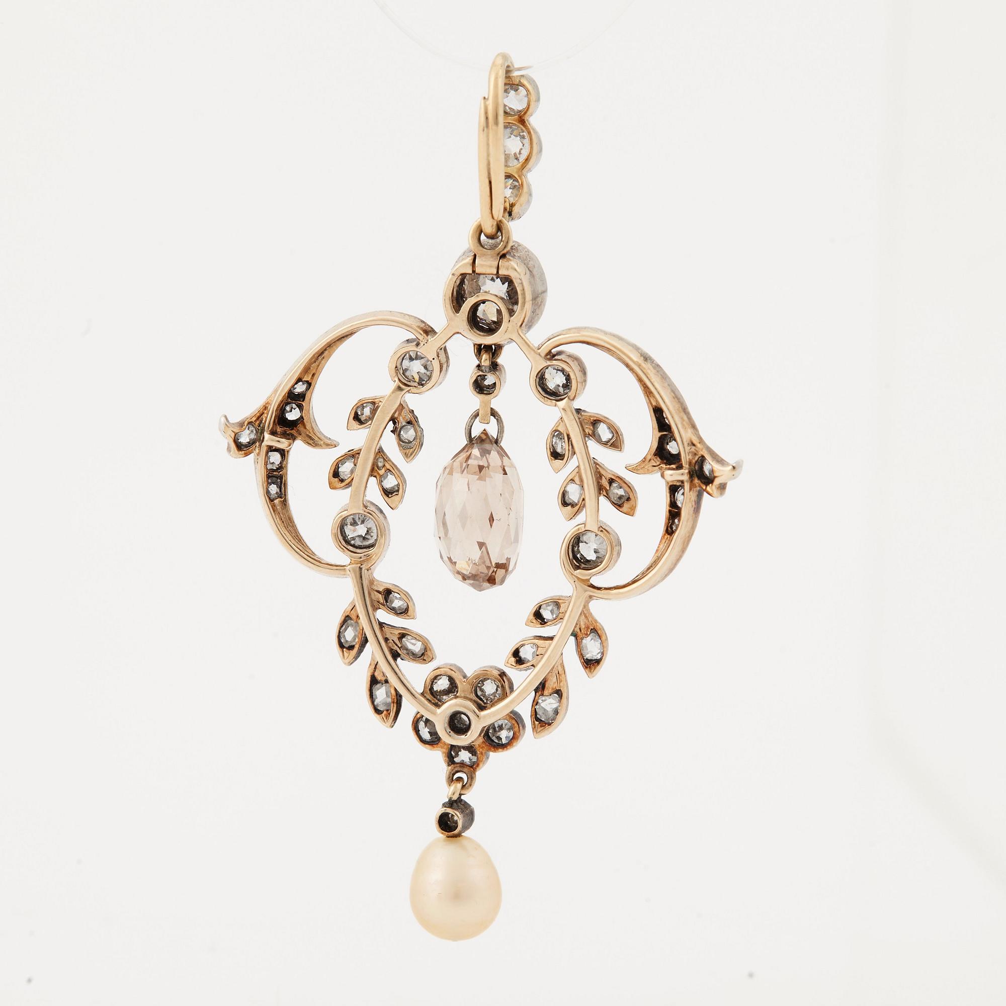 A natural pearl, old-, rose-and briolette cut diamond pendant. Early 20th cent.