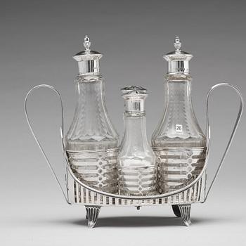 A Swedish 18th century silver and glass, cruet-set, mark of Stepan Westerståhle, Stockholm 1798.