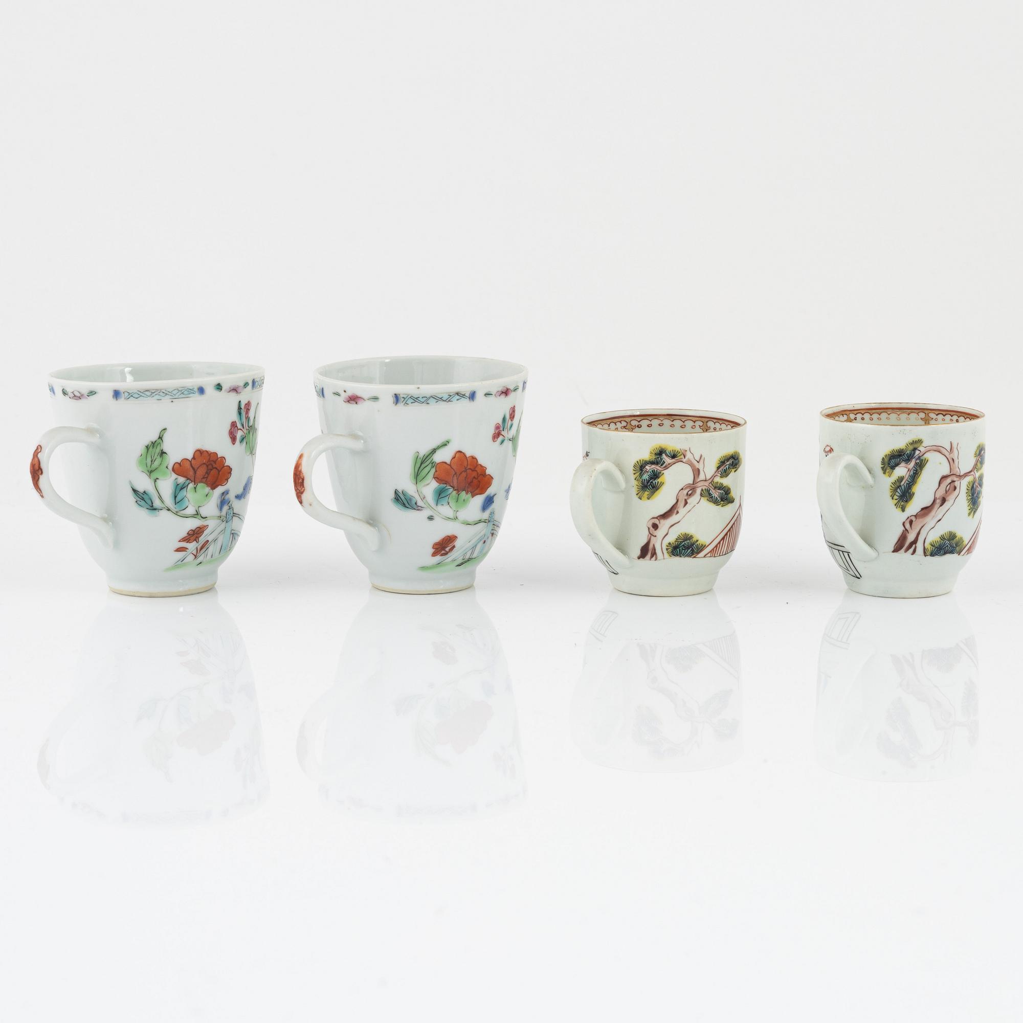 Two pairs of famille rose cups, a bowl, a small dish and a pair of deep dishes, Qing dynasty, 18th/19th century.