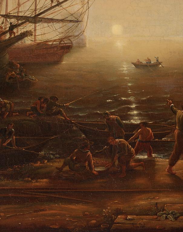 Hamnbild med Villa Medici och handelsmän.