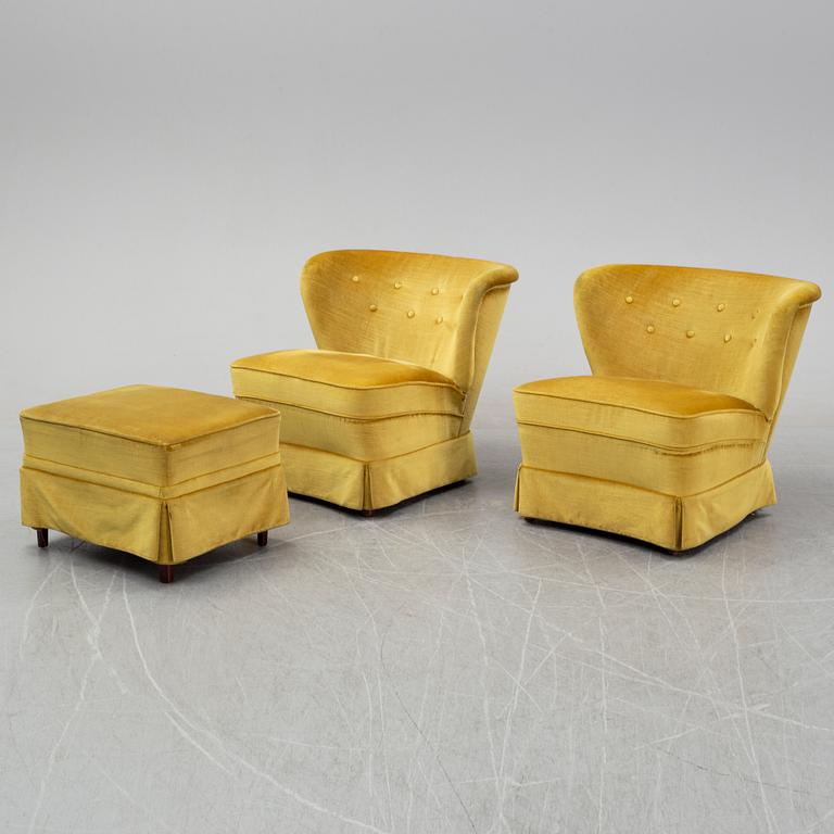 A pair Swedish Modern lounge chairs and a stool, 1940's/50's, the model has been marketed by Gösta Jonsson.