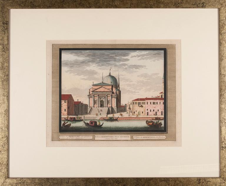 KOPPARSTICK, 6 st, handkolorerade, Venedig, 1700-tal.