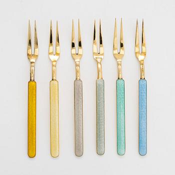 Tillander, six cocktail/ serving forks, enamel and gilded silver (916), Helsinki, 1950-55.