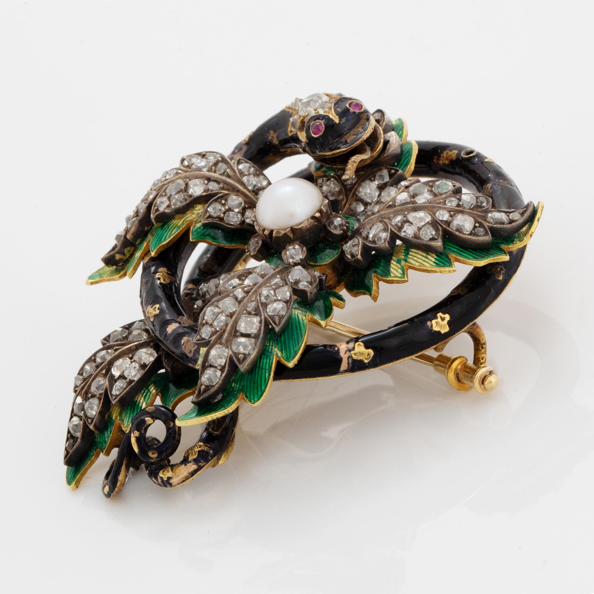 Old-cut diamond, pearl and enamel snake brooch.