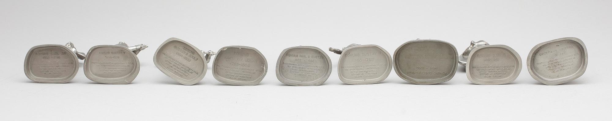 SKULPTURER, 9 st, vitmetall, Svensk regentlängd, efter Allan Ebeling, 1900-tal.