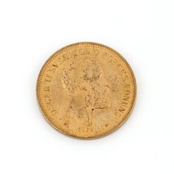 GULDMYNT, 20 kronor, Oscar II, 1876. Vikt ca 8 g.