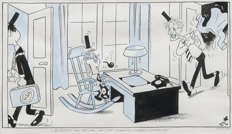 KARI SUOMALAINEN, pilapiirros, sekatekniikka, signeerattu ja päivätty.