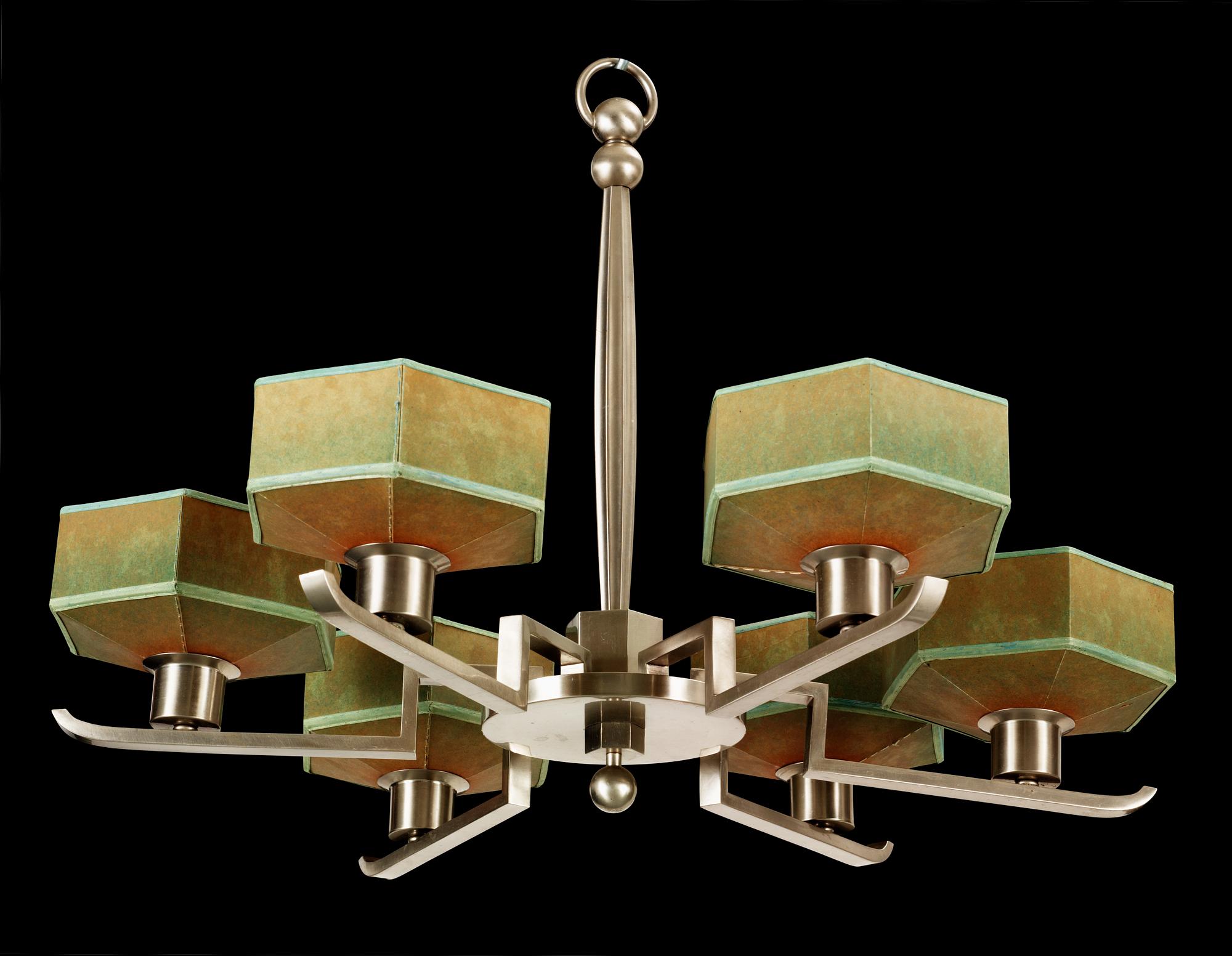 A white metal six-light ceiling lamp, probably Swedish, 1930's.