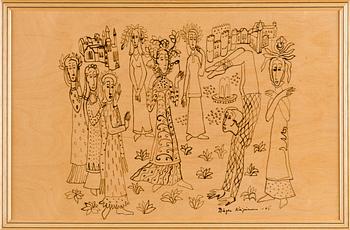 Birger Kaipiainen, piirros, tussi vanerille, signeerattu ja päivätty -46.