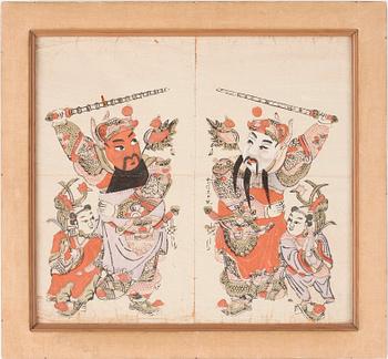 A rare hand-coloured woodblock print of doorgods (menshen), Qing dynasty (1644-1912).