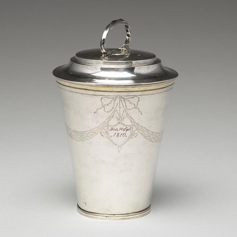 A Swedish early 19th century parcel-gilt silver beaker and cover, mark of Johan Fredrik Bjornstedt, Stockholm 1811.