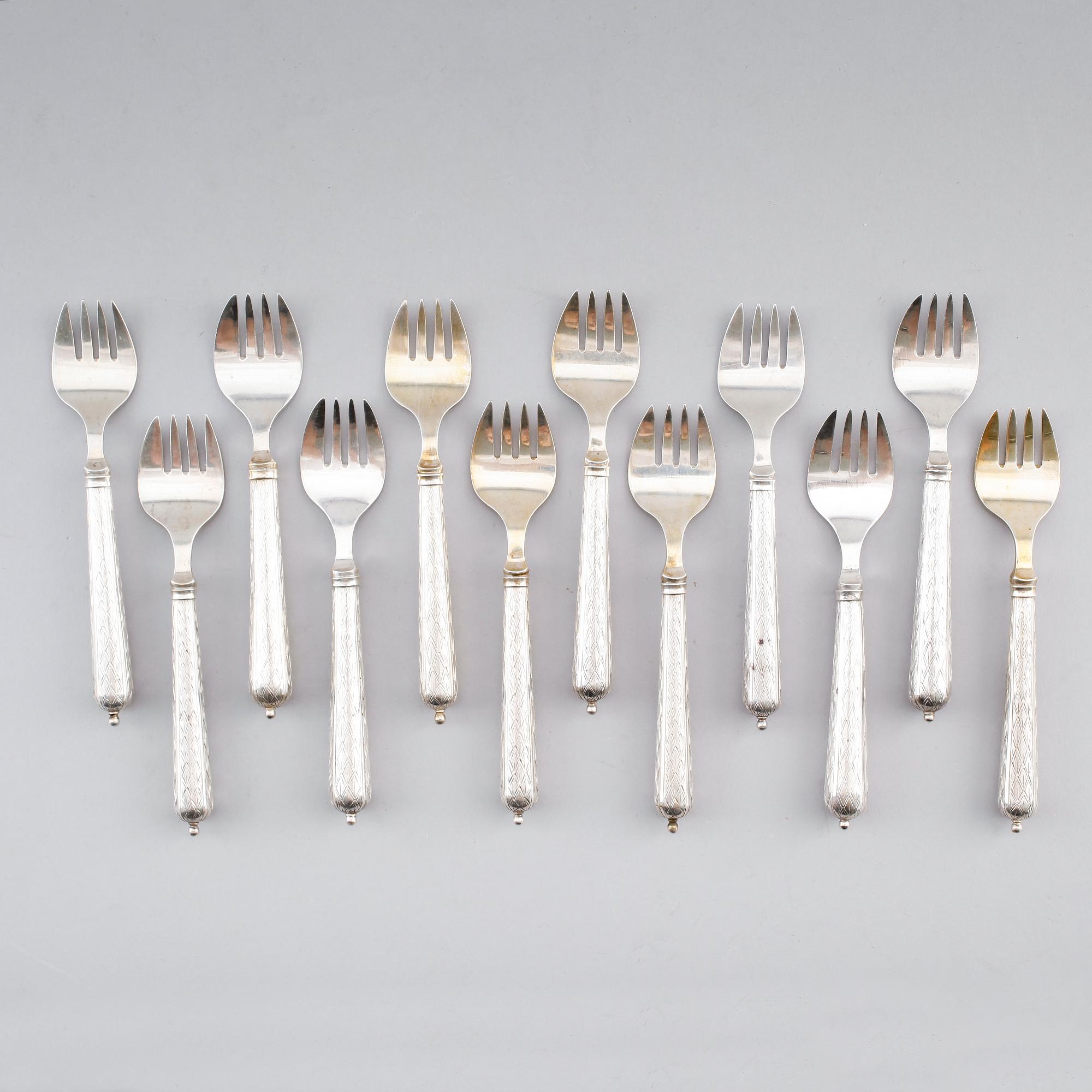 SARDINGAFFLAR, 12 st, silver, P Hertz, Danmark, 1975. Vikt ca 315 gram.