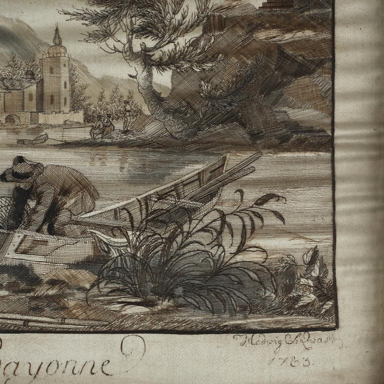Embroideries, 1 pair, "Vue des Environs de Bayonne", signed and dated.