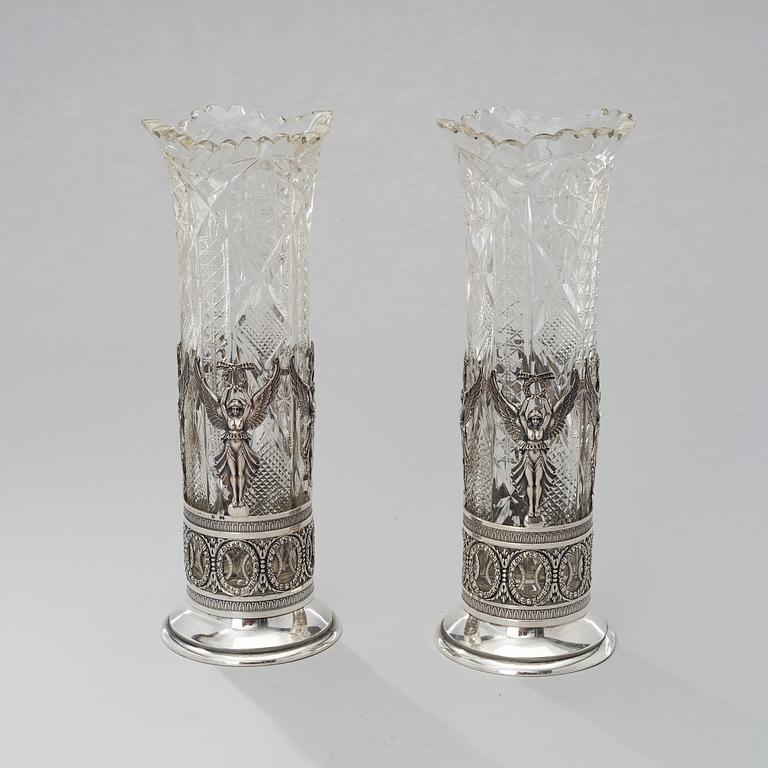 A PAIR OF CUT GLASS AND SILVER VASES, Russia, Moscow ca 1900, Ovtchinnnikov.