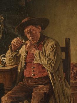 August Jernberg, Interior with man lighting his pipe.
