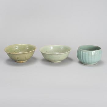 A group of three celadon bowl, South East Asia, 17th Century and later.