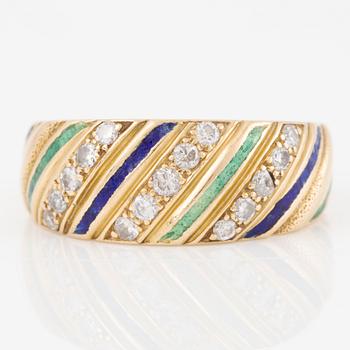 Ring, 18K gold with green and blue enamel and brilliant-cut diamonds.