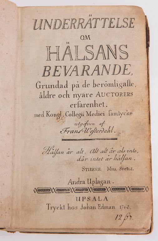 BÖCKER, 2 st, "Sveriges Rikes Lag... 1734" och "Underrättelse om hälsans bevarande", Stockholm 1797 resp. Upsala 1768.