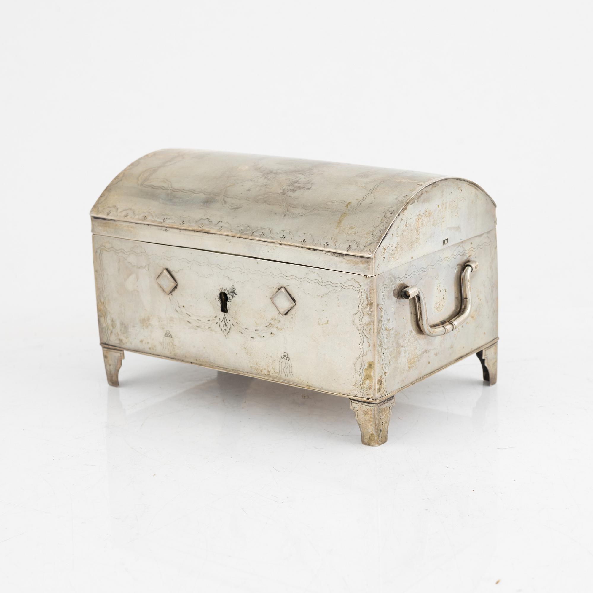 A silver chest/box, with import marks/tax marks from the Netherlands, possibly 19th century.