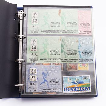 Olympic memorabilia: tickets, stamps, and cards.