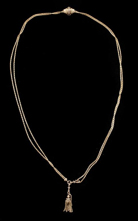DAMKLOCKKEDJA, 18k guld, sannolikt Frankrike, 1800-tal. Vikt 36g.
