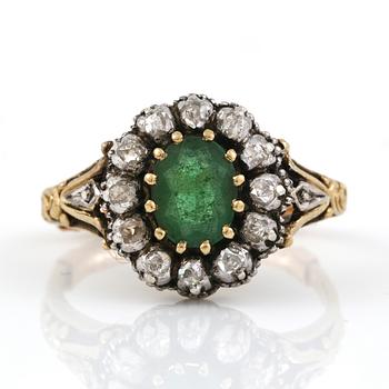 RING, guld 18, turmalin och rosenslipade diamanter, svensk importstämpel, 1900-talets första hälft. Vikt ca 3 gram.