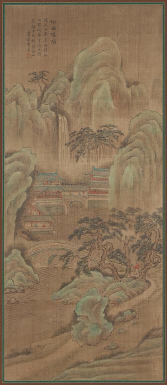 Two hanging scrolls of figures in a landscape, and with calligraphy, late Qing dynasty (1644-1912).