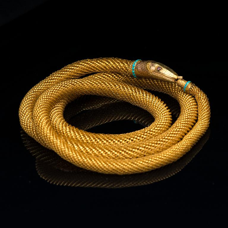 HALSSMYCKE, 18K guld, turkoser, granater. 1800-talets mitt.