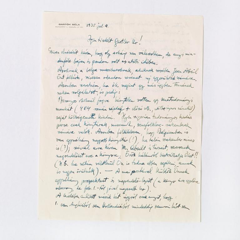 BÉLA BÁRTOK (1881-1945), eleven signed letters. Mostly dated Budapest 1930-38.