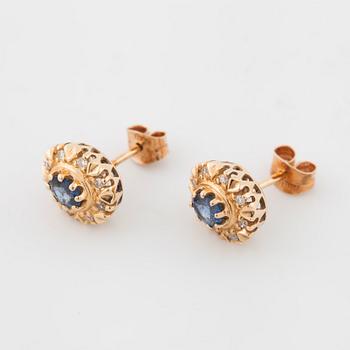 A pair of sapphire and single cut diamond earrings.