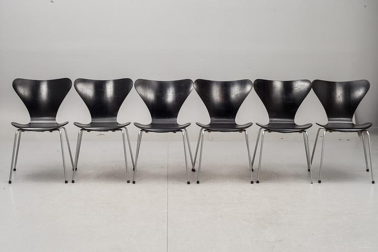 STOLAR, 6 st, "Sjuan", Arne Jacobsen, Fritz Hansen, Danmark, märkta.