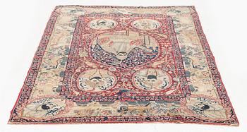 An antique pictoral Kerman Raver rug, c. 212 x 138 cm.