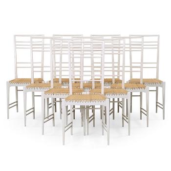 52. A set of 10 Erik Chambert 'Poem' white lacquered and rattan chairs, Chambert's, Sweden 1950's.