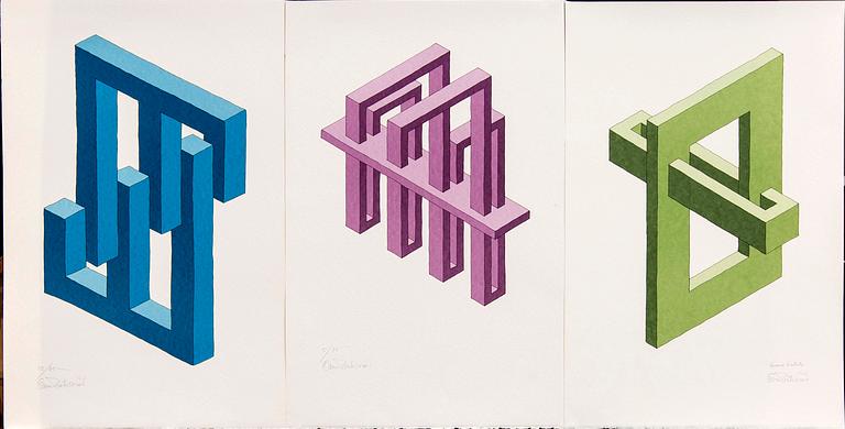 Oscar Reutersvärd, färglitografier tre st, signerade 5/75, 22/75 & HC.