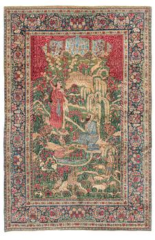 387. A semi-antique pictoral Kirman Lavar rug, Southeastern Persia (Iran), c. 236 x 156 cm.
