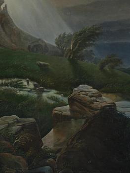 Okänd konstnär, 1800-tal, Oväderslandskap med herdinna och får.