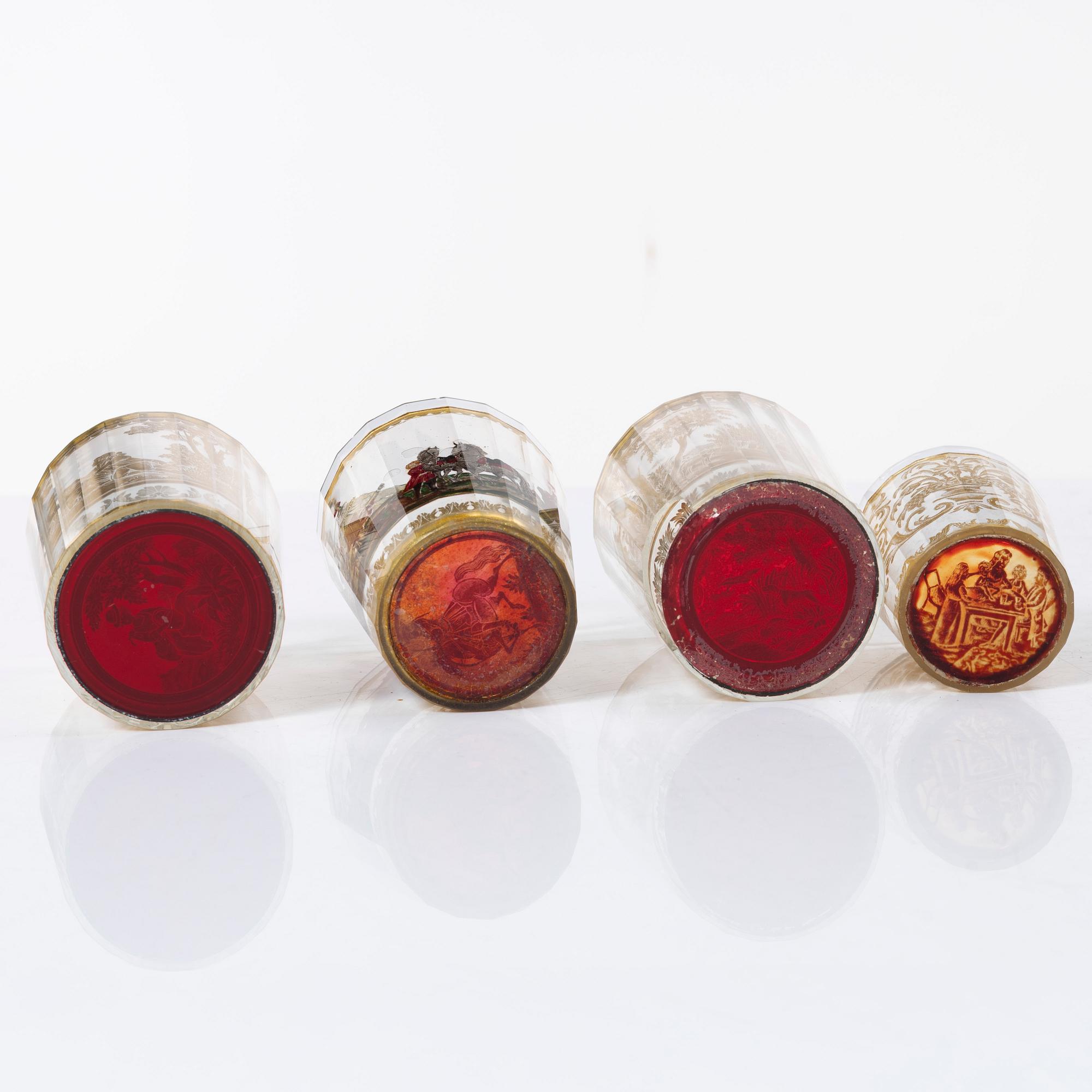 Four zwischengoldglas glasses, three of historic style from around the year 1900, one older.