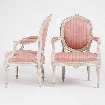 A pair of Gustavian open armchairs, late 18th century.