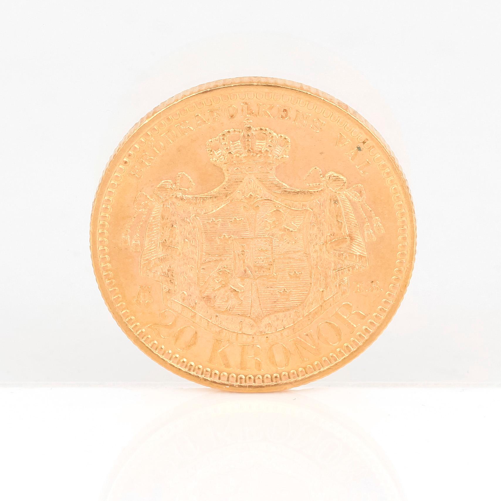 GULDMYNT, 20 kronor, Oscar II av Sverige och Norge 1890. Vikt ca 9 gram.