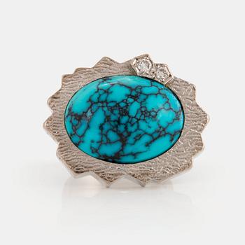 983. A Grima ring in 14K white gold set with a turquoise and round brilliant-cut diamonds.