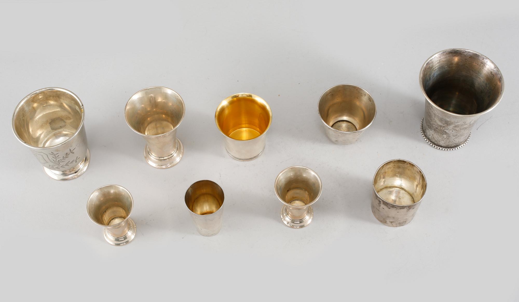 POKALER, 9 st, silver, 1800- och 1900-tal. Total vikt 267 g.