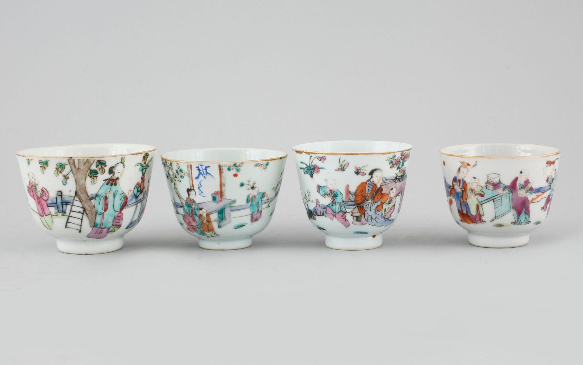 Three polychrome cups with barrels, three cups, one bowl with lid and one plate, Qing dynasty, 18/19th century.