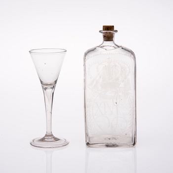 SPETSGLAS 1700-tal och BRÄNNVISKFLASKA, glas, 1800-tal.