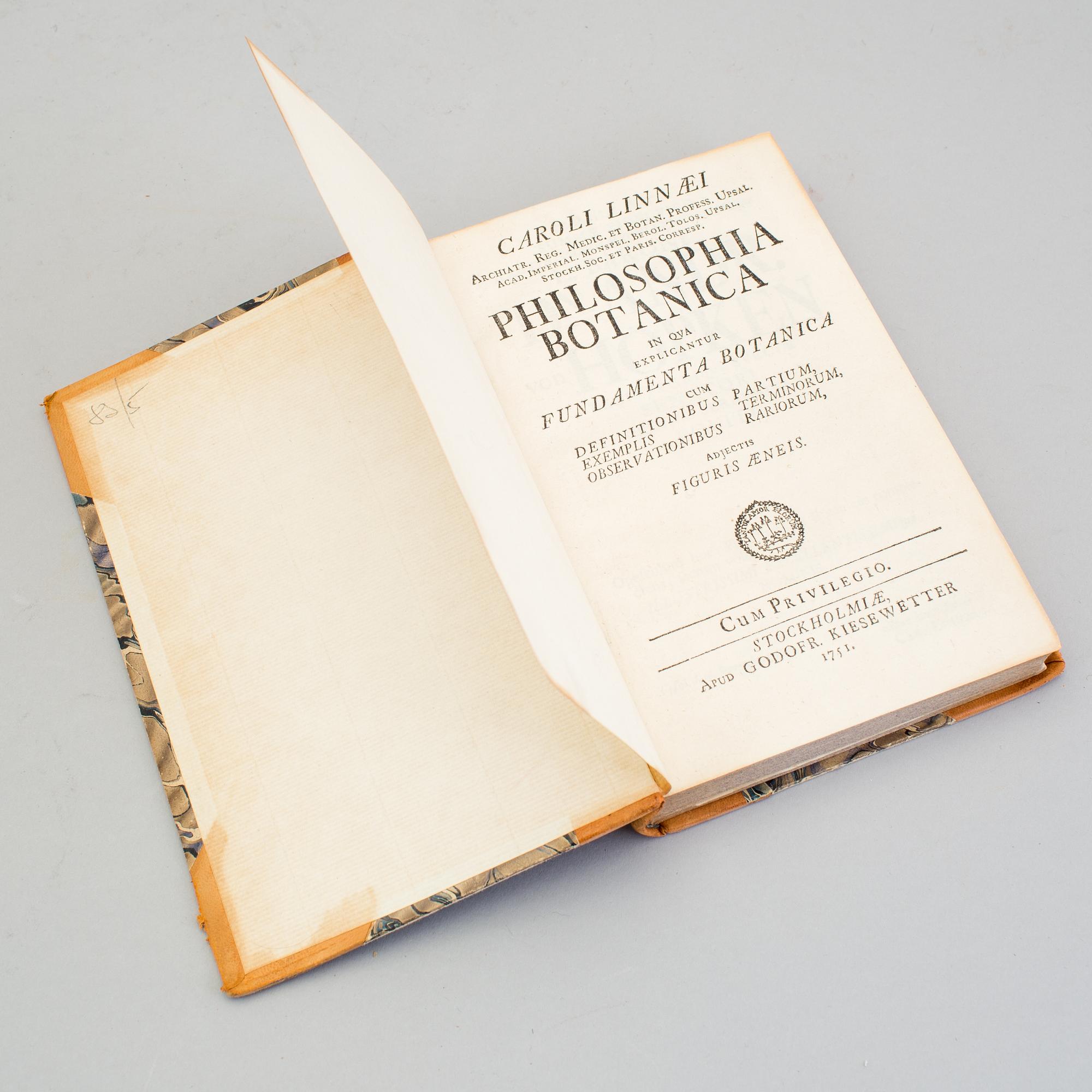 BOOK, 'Philosophia Botanica' by Carl Linnaeus, Gottfried Kiesewetter, Stockholm 1751.