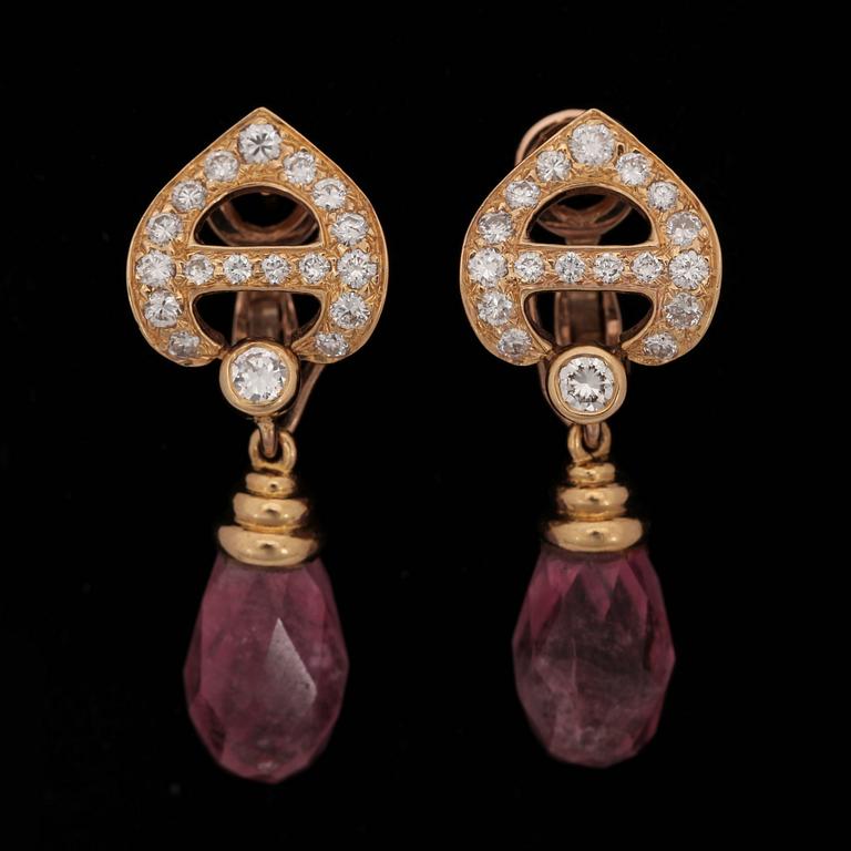 A C. Denevue set of earrings and pendant with turmaline, 25 cts. and brilliant cut diamonds, tot. 1.50 ct.