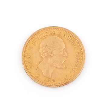 GULDMYNT, Oscar II, 10 kronor, Sverige och Norge 1876. Vikt ca 4 gram.