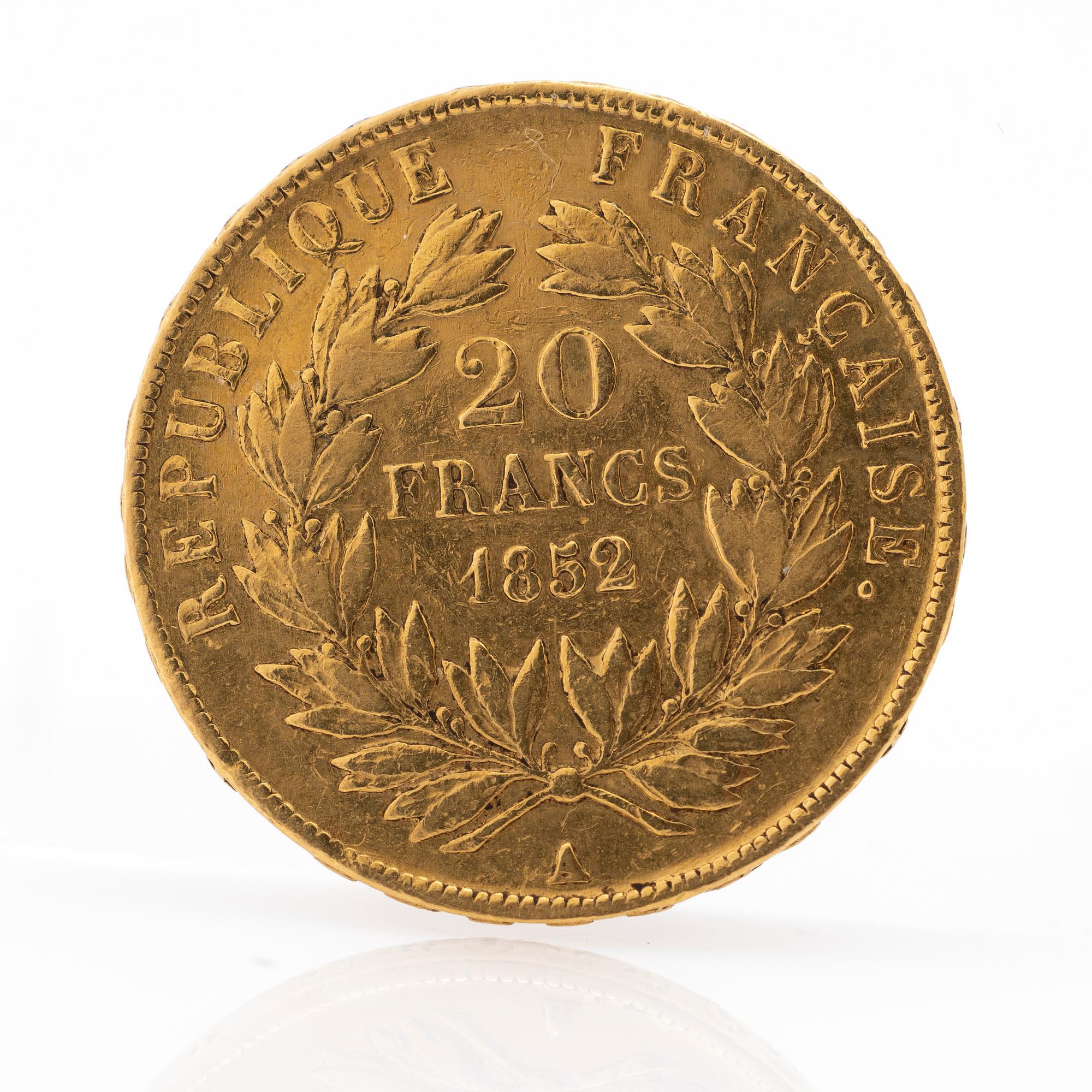 Guldmynt Frankrike, Louise-Napoleon Bonaparte 20 Francs 1852.